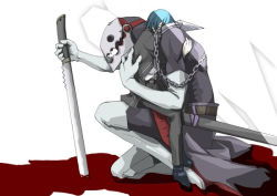 atlus blood blue_hair grey_eyes hug male_focus persona persona_3 sword thanatos_(persona) weapon yuuki_makoto_(persona_3)