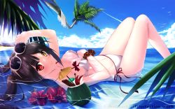 Rule 34 | 10s, 1girl, adjusting eyewear, apple, apple slice, artist name, bad id, bad pixiv id, beach, bikini, bird, breasts, cleavage, clock, clock eyes, cloud, cocktail umbrella, coconut, coconut tree, contrail, date a live, day, eyewear on head, flower, food, from side, fruit, fruit cup, hand on own stomach, heterochromia, hibiscus, highres, horizon, kaho okashii, knees up, long hair, looking at viewer, looking to the side, lying, medium breasts, ocean, on back, on ground, outdoors, palm tree, partially submerged, red eyes, scrunchie, seagull, shade, side-tie bikini bottom, sky, smile, solo, sunbathing, sunglasses, sunlight, swimsuit, symbol-shaped pupils, tokisaki kurumi, towel, tree, twintails, water, watermark, white bikini, wrist scrunchie, yellow eyes
