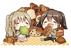 Rule 34 | 2girls, :d, baguette, black pants, blush stickers, bread, brown hair, brown jacket, brown shirt, chibi, chocolate cornet, closed eyes, closed mouth, commentary request, eating, food, hair between eyes, holding, holding food, jacket, kurata rine, light brown hair, loaf of bread, long sleeves, melon bread, multiple girls, open clothes, open jacket, open mouth, original, pants, plaid, ponytail, shirt, shoe soles, shoes, smile, white background, white footwear, white shirt