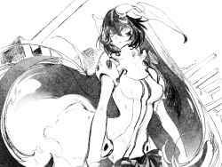 Rule 34 | 10s, 1girl, abyssal ship, anchorage water oni, bad id, bad twitter id, dalahast, dress, frilled dress, frills, greyscale, horns, kantai collection, long hair, monochrome, overskirt, simple background, solo, turret, upper body, very long hair, white background