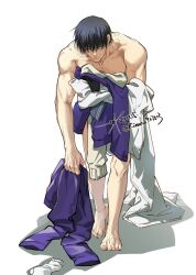Rule 34 | 1boy, barefoot, bent over, bite mark, black hair, clothes, fushiguro touji, green eyes, hickey, highres, holding, holding clothes, jujutsu kaisen, looking at viewer, male focus, muscular, muscular male, nude, pants, sashiyu, scar, scar on face, scar on mouth, shirt, socks, solo, white socks