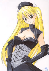 Rule 34 | 00s, 1girl, arm ribbon, black dress, black gloves, black hat, black ribbon, blonde hair, breasts, brown eyes, buckle, cleavage, cleavage cutout, closed mouth, clothing cutout, collarbone, corset, cowboy shot, cross, cross-laced clothes, dress, elbow gloves, gloves, gothic lolita, hair between eyes, hair ribbon, hands on own hips, hat, head tilt, large breasts, light smile, lolita fashion, long hair, looking at viewer, mahou sensei negima!, mikagami sou, nurse cap, parted bangs, ribbon, signature, simple background, sleeveless, sleeveless dress, smile, solo, standing, straight hair, takane d goodman, turtleneck, two side up, very long hair, white background, white ribbon