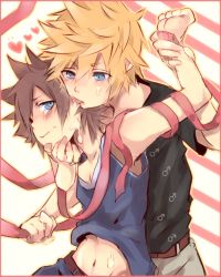 Rule 34 | 2boys, blonde hair, blue eyes, blush, brown hair, disney, heart, holding another&#039;s wrist, inazume-panko, kingdom hearts, licking, looking at another, male focus, mars symbol, midriff, multiple boys, navel, ribbon, roxas, sora (kingdom hearts), square enix, tank top, tears, tongue, tongue out, yaoi