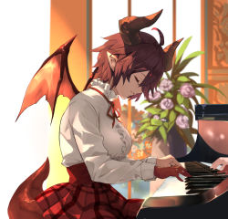 Rule 34 | 1girl, blurry, blurry background, breasts, center frills, closed eyes, closed mouth, colored skin, dragon girl, dragon horns, frills, granblue fantasy, grea (shingeki no bahamut), high-waist skirt, horns, instrument, large breasts, long sleeves, multicolored skin, music, neck ribbon, nos, piano, plant, playing instrument, pointy ears, potted plant, red hair, red ribbon, red skirt, ribbon, shirt, short hair, sidelocks, sitting, skirt, solo, white shirt, wings