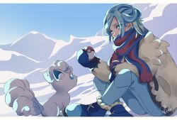 Rule 34 | 1boy, alolan form, alolan vulpix, blue eyes, blue footwear, blue hair, blue mittens, blue pants, blue scarf, blue sky, boots, coat, commentary request, creatures (company), eyelashes, game freak, gen 7 pokemon, grusha (pokemon), highres, holding, holding poke ball, letterboxed, male focus, mittens, nintendo, orrrrrrya, pants, poke ball, poke ball (basic), pokemon, pokemon (creature), pokemon sv, red scarf, scarf, signature, sitting, sky, snow, trap, two-tone scarf, white coat