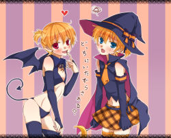 Rule 34 | ahoge, black legwear, blonde hair, blue eyes, blush, cape, child, collar, costume, crossdressing, detached sleeves, dual persona, elbow gloves, frown, gloves, hair ribbon, halloween, hat, kagamine len, male focus, navel, necktie, open mouth, ponytail, red eyes, ribbon, short hair, sorano namida, sweat, tail, thighhighs, trap, vocaloid, wand, wings, witch
