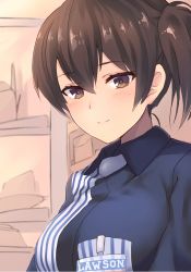 Rule 34 | 10s, 1girl, breasts, brown eyes, brown hair, commentary request, dyson (edaokunnsaikouya), employee uniform, kaga (kancolle), kantai collection, lawson, long hair, matching hair/eyes, muneate, side ponytail, smile, solo, uniform