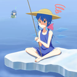 Rule 34 | 2girls, adapted costume, alternate hair length, alternate hairstyle, annoyed, bare arms, bare legs, bare shoulders, barefoot, bow, butterfly sitting, cato (monocatienus), chemise, cirno, fishing line, frown, hair bow, hat, ice, ice fishing, ice wings, long hair, multiple girls, no shirt, ponytail, sitting, squiggle, sun hat, touhou, tsurime, wakasagihime, water, wings