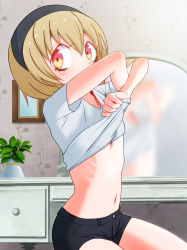 Rule 34 | 1girl, absurdres, black shorts, blonde hair, blush, breasts, clothes lift, commentary, covered mouth, hair ornament, hairband, highres, indoors, jashin-chan dropkick, looking at viewer, looking to the side, multicolored eyes, navel, orange eyes, pekora (jashin-chan dropkick), plant, potted plant, sat-c, shiny skin, shirt, shirt lift, short hair, shorts, small breasts, solo, undressing, white shirt