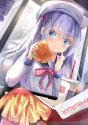 Rule 34 | 1girl, :t, beret, blue eyes, blue hair, blue sailor collar, blush, bow, burger, closed mouth, colored eyelashes, commentary request, cup, disposable cup, drinking straw, dutch angle, fast food, food, food on face, french fries, gochuumon wa usagi desu ka?, hair ornament, hair ribbon, hat, highres, holding, holding food, kafuu chino, long hair, long sleeves, looking at viewer, mcdonald&#039;s, natuna natu, one side up, red bow, red ribbon, ribbon, sailor collar, school uniform, serafuku, shirt, solo, striped, striped bow, upper body, very long hair, wavy mouth, white hat, white shirt, x hair ornament