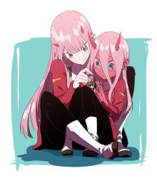 Rule 34 | 10s, 2girls, aged down, alternate costume, aqua eyes, between legs, black pantyhose, blue background, boots, character doll, colored sclera, colored skin, darling in the franxx, dual persona, expressionless, hair between eyes, hiro (darling in the franxx), horns, charm (object), long hair, long sleeves, looking down, lsw (dltjddnja), multiple girls, pantyhose, pink hair, red sclera, red skin, shadow, simple background, sitting, smile, spoilers, time paradox, uniform, very long hair, white footwear, zero two (darling in the franxx)