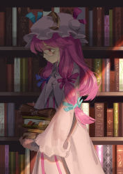 Rule 34 | 1girl, bespectacled, book, book stack, bookshelf, carrying, coat, crescent, dress, glasses, hair ribbon, hat, long hair, long sleeves, mob cap, open clothes, open coat, patchouli knowledge, purple eyes, purple hair, ribbon, seeker, solo, striped clothes, striped dress, touhou, tress ribbon, very long hair, wide sleeves