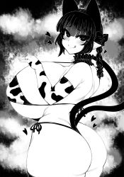 Rule 34 | 1girl, :q, animal ears, animal print, ass, bikini, braid, breasts, cat ears, cat girl, cat tail, closed mouth, commentary request, cow print, cow print bikini, cowboy shot, curvy, elbow gloves, extra ears, gigantic breasts, gloves, greyscale, haseru (ginku mh), heart, huge ass, kaenbyou rin, looking at viewer, medium hair, monochrome, multiple tails, nekomata, pointy ears, print bikini, side braids, smile, solo, swimsuit, tail, thong bikini, tongue, tongue out, touhou, twin braids, two tails