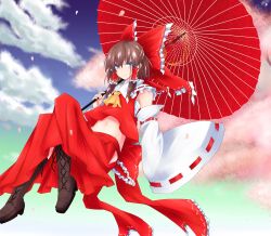 Rule 34 | 1girl, bad id, bad pixiv id, blue eyes, boots, bow, brown eyes, brown hair, colored eyelashes, cross-laced footwear, detached sleeves, female focus, floating, hair bow, hakurei reimu, highres, japanese clothes, kinsenka, knee boots, lace-up boots, large bow, long hair, midriff, miko, navel, oil-paper umbrella, petals, sky, solo, touhou, umbrella, wide sleeves