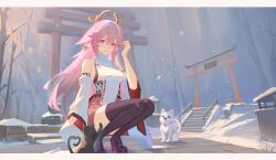 Rule 34 | 1girl, absurdres, animal ears, bare shoulders, black cat, black footwear, black thighhighs, breasts, cat, commentary request, convenient leg, earrings, floppy ears, fox ears, full body, genshin impact, hand up, high heels, highres, jewelry, long hair, looking at viewer, outdoors, parted lips, pink eyes, pink hair, red skirt, shirt, sideboob, skirt, sleeveless, sleeveless shirt, smile, snow, snowing, solo, squatting, stairs, thighhighs, torii, very long hair, white dog, white shirt, yae miko, ye daidai