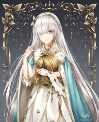 Rule 34 | 1girl, anastasia (fate), artist name, bambi nano, blue cape, blue eyes, cape, dress, eyes visible through hair, fate/grand order, fate (series), floating hair, fur trim, gradient background, grey background, hair over one eye, hairband, hand in own hair, highres, holding head, long dress, long hair, silver hair, solo, standing, very long hair, white dress, yellow hairband
