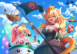Rule 34 | 1up, 2girls, aircraft, airship, apron, armlet, black dress, blonde hair, blue eyes, blue sky, bob-omb, bowser logo, bowsette, bowsette jr., bracelet, breasts, brooch, bullet bill, choker, cleavage, day, dress, earrings, fang, fangs, highres, horns, jewelry, large breasts, looking at viewer, mario, mario (series), mother and daughter, multiple girls, mushroom, naked apron, new super mario bros. u deluxe, nintendo, open mouth, pixitales, pointy ears, ponytail, sky, small breasts, smile, spiked armlet, spiked bracelet, spiked choker, spikes, strapless, strapless dress, super crown, super mushroom, warp pipe