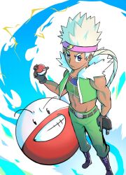 1girl abs blonde_hair blue_eyes boots creatures_(company) dark-skinned_female dark_skin electrical_outlet electrode_(pokemon) game_freak gloves gym_leader headband highres military military_pants military_uniform muscular muscular_female nintendo poke_ball pokemon pokemon_(anime) pokemon_journeys ponytail sports_bra thick_eyebrows tomu_(nuri_pic) vest visquez_(pokemon)