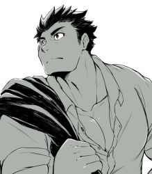 Rule 34 | 1boy, bara, greyscale, jacket, unworn jacket, kishi guma, large pectorals, looking to the side, male focus, protagonist 3 (housamo), monochrome, muscular, muscular male, partially unbuttoned, pectoral cleavage, pectorals, short hair, sideburns, solo, spot color, thick eyebrows, tokyo houkago summoners, upper body, white background