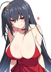Rule 34 | 1girl, ahoge, azur lane, bare shoulders, black hair, blush, breasts, choker, cleavage, cocktail dress, collarbone, dress, hair between eyes, hair ornament, heart, highres, huge breasts, licking lips, long hair, looking at viewer, nakatama kyou, official alternate costume, red choker, red dress, red eyes, simple background, smile, solo, taihou (azur lane), taihou (forbidden feast) (azur lane), tongue, tongue out, white background