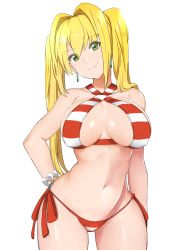 Rule 34 | 10s, 1girl, alternate hairstyle, arm at side, bare shoulders, bebebe (pepegakii), bikini, blonde hair, bracelet, breasts, closed mouth, cowboy shot, criss-cross halter, earrings, fate/extra, fate/grand order, fate (series), green eyes, hair intakes, halterneck, hand on own hip, head tilt, highres, jewelry, large breasts, long hair, looking at viewer, navel, nero claudius (fate), nero claudius (fate) (all), nero claudius (swimsuit) (fate), nero claudius (swimsuit caster) (fate), side-tie bikini bottom, simple background, smile, solo, striped bikini, striped clothes, swimsuit, twintails, white background, wide hips