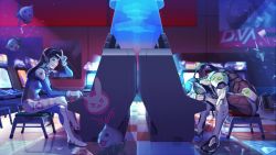 Rule 34 | 1boy, 1girl, ;d, arcade, arcade cabinet, armor, bodysuit, broken glass, brown eyes, brown hair, character name, clothes writing, commentary request, crossed legs, d.va (overwatch), emblem, full body, genji (overwatch), glass, grin, hage2013, headset, hologram, indoors, jpeg artifacts, long hair, one eye closed, open mouth, overwatch, overwatch 1, pachimari, playing games, poster (object), power armor, prostration, rabbit, sitting, smile, spread legs, stool, stuffed toy, tile floor, tiles, turnip, v
