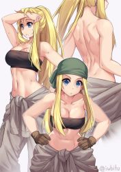 Rule 34 | 1girl, back, bandana, blonde hair, blue eyes, breasts, brown gloves, cleavage, closed mouth, collarbone, ear piercing, from behind, fullmetal alchemist, gloves, hands on own hips, highres, iwbitu, large breasts, long hair, looking at viewer, looking away, multiple views, navel, piercing, ponytail, shoulder blades, sidelocks, simple background, strapless, sweat, topless, tube top, very long hair, white background, winry rockbell, wiping sweat