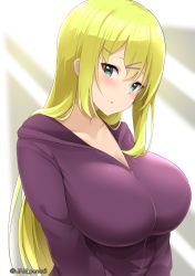 Rule 34 | 1girl, blonde hair, blush, breasts, collarbone, green eyes, hair ornament, hairclip, highres, hood, hooded sweater, jampen, large breasts, long hair, long sleeves, looking at viewer, open mouth, original, purple sweater, sidelocks, solo, sweater
