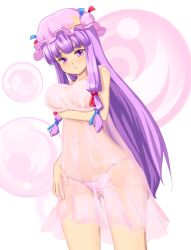 Rule 34 | 1girl, bad id, bad pixiv id, breast hold, breasts, female focus, hair ribbon, hat, ket-c, large breasts, lingerie, long hair, nude, panties, patchouli knowledge, purple eyes, purple hair, ribbon, see-through, solo, touhou, underwear, white background