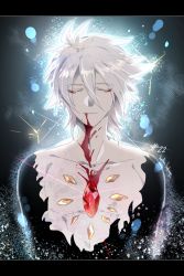 Rule 34 | 1boy, blood, blood in mouth, bodysuit, chest jewel, closed eyes, fate/grand order, fate (series), hair between eyes, karna (fate), male focus, namahamu (hmhm 81), pale skin, smile, solo, sparkle, upper body, white hair