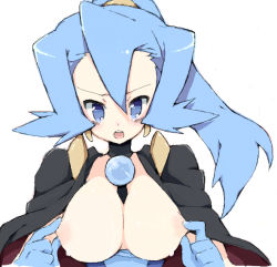 Rule 34 | 00s, 1girl, :o, bare arms, blue eyes, blue gloves, blue hair, blush, breasts, breasts out, cape, clair (pokemon), creatures (company), earrings, epaulettes, game freak, gem, gloves, gym leader, hair ornament, high ponytail, jewelry, large breasts, long hair, matching hair/eyes, nakamura sandayo, nintendo, nipple stimulation, nipple tweak, nipples, open mouth, pearl (gemstone), pokemon, pokemon hgss, ponytail, simple background, solo, sweat, white background
