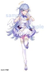 Rule 34 | 1girl, black bow, blue bow, blue bowtie, blue hair, bow, bowtie, detached sleeves, double v, dress, dress bow, full body, gloves, green eyes, hair between eyes, hair ornament, hands up, high heels, highres, long hair, looking at viewer, official art, one eye closed, open mouth, saine, sample watermark, short sleeves, simple background, smile, solo, standing, standing on one leg, thighhighs, v, virtual youtuber, vspo!, watermark, white background, white dress, white footwear, white gloves, white thighhighs, white wings, wings, yano kuromu, zettai ryouiki