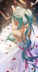 Rule 34 | 1girl, absurdres, back, back bow, ballerina, ballet slippers, bare shoulders, bird, blue hair, blush, bow, closed mouth, crown, dress, earrings, closed eyes, hair ornament, hatsune miku, highres, jewelry, long hair, mrr 05, petals, pink bow, profile, shoulder blades, sitting, sleeveless, sleeveless dress, solo, stud earrings, swan, twintails, very long hair, vocaloid, white dress