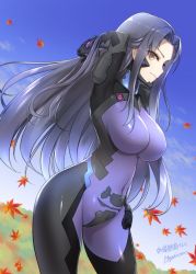 Rule 34 | 1girl, autumn leaves, blue hair, breasts, cloud, commission, fortified suit, from side, hand on own hip, long hair, looking at viewer, makishima azusa, medium breasts, muv-luv, muv-luv alternative, original, parted bangs, pilot suit, signature, skeb commission, skin tight, sky, smile, solo, yellow eyes