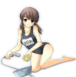 Rule 34 | 00s, 1girl, barefoot, black one-piece swimsuit, brown hair, dutch angle, kneeling, long hair, looking at viewer, lowres, mori sonou, name tag, one-piece swimsuit, school swimsuit, shower head, showering, simple background, solo, sponge, suzumiya haruhi no yuuutsu, swimsuit, twintails, white background, yuuji overall