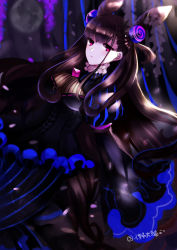 Rule 34 | 1girl, black dress, blurry, blurry background, breasts, brown hair, commentary request, cone hair bun, depth of field, dress, dutch angle, fate/grand order, fate (series), full moon, hair bun, hair ornament, highres, juliet sleeves, large breasts, long hair, long sleeves, looking at viewer, lunacats, moon, murasaki shikibu (fate), parted lips, puffy sleeves, purple eyes, ribbon-trimmed dress, ribbon trim, sidelocks, sleeves past fingers, sleeves past wrists, solo, twitter username, two side up, very long hair, wide sleeves