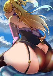 Rule 34 | 1girl, artist name, ass, asymmetrical legwear, back, black thighhighs, blonde hair, blue sky, breasts, butt crack, choker, clothing cutout, cloud, cloudy sky, commentary, day, elbow gloves, fischl (genshin impact), floating hair, from behind, genshin impact, glint, gloves, hair over one eye, hair ribbon, highres, long hair, nyahpa20, outdoors, parted lips, profile, ribbon, sitting, sky, slime (genshin impact), small breasts, solo, thighhighs, thighs, two side up, wind