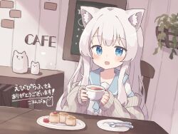 Rule 34 | 1girl, :d, absurdres, animal ear fluff, animal ears, blue eyes, blue sailor collar, blush, bookshelf, cafe, cardigan, cat ears, chair, colon br, commission, cup, dessert, drink, dutch angle, fang, food, fork, grey cardigan, highres, holding, holding cup, indoors, long hair, looking at viewer, menu, off shoulder, open cardigan, open clothes, open mouth, original, plant, plate, potted plant, raised eyebrows, ribbed cardigan, sailor collar, saucer, school uniform, serafuku, shirt, sidelocks, sitting, skeb commission, skin fang, smile, solo, spoon, table, tea, teacup, utensil, white hair, white shirt, wooden table