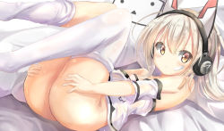 Rule 34 | 1girl, :&lt;, ass, asymmetrical legwear, ayanami (azur lane), ayanami (niconico) (azur lane), azur lane, bad id, bad pixiv id, bandaid, bandaid on face, bare shoulders, bed sheet, blush, bottomless, dakimakura (object), hair between eyes, headphones, legs up, long hair, looking at viewer, lying, natuna natu, niconico, no shoes, off-shoulder shirt, off shoulder, on back, on bed, orange eyes, pillow, shirt, solo, terebi-chan, thighhighs, uneven legwear, white hair, white thighhighs