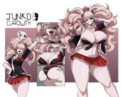Rule 34 | 1girl, absurdres, ass, ass expansion, bear hair ornament, black sclera, bow, bra, breast expansion, breasts, bursting breasts, cleavage, colored sclera, crown, curvy, danganronpa (series), enoshima junko, female focus, grey eyes, growth, gus (emmarrgus), hair ornament, heart, height difference, highres, huge breasts, kimura seiko, large breasts, long hair, looking at viewer, nail polish, navel, necktie, pink hair, pointing, red eyes, solo, tall female, thick thighs, thighs, tongue, tongue out, torn clothes, tsumiki mikan, twintails, underwear