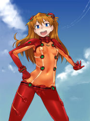 Rule 34 | 00s, 1girl, bad id, bad pixiv id, blue eyes, bodysuit, cleavage, clothes writing, contrail, cowboy shot, day, grin, hand on own hip, interface headset, multicolored clothes, neon genesis evangelion, oohara kyuutarou, orange hair, plugsuit, rebuild of evangelion, see-through, see-through cleavage, smile, solo, souryuu asuka langley, teeth, test plugsuit, upper teeth only