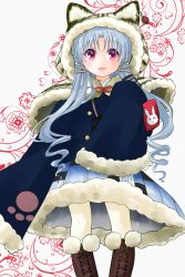 Rule 34 | 1girl, :3, :d, animal hood, animal print, armband, azur lane, blue coat, blue hair, blue skirt, blush, boots, brown footwear, brown ribbon, buttons, capelet, cat hood, changchun (azur lane), coat, cross-laced footwear, drill hair, earrings, eyebrows, facing viewer, fang, floral background, flower, fur trim, hair intakes, hair ornament, highres, hood, hood up, hooded capelet, jewelry, lace-up boots, legs apart, long hair, long sleeves, looking at viewer, miniskirt, open mouth, pantyhose, paw print, pink eyes, pom pom (clothes), rabbit, red star, ribbon, single earring, sk (murabitosk), skirt, sleeves past wrists, smile, solo, standing, star (symbol), tiger print, tongue, white pantyhose, wide sleeves