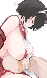 Rule 34 | 1boy, 1girl, animal ears, areola slip, bare shoulders, black hair, blue archive, blush, breasts, closed eyes, highres, lap pillow, large areolae, large breasts, lying, mikozin, on back, raccoon ears, red sailor collar, red skirt, sailor collar, short hair, sideboob, skirt, tassel, tsubaki (blue archive)