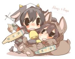 Rule 34 | 10s, 2girls, akagi (kancolle), animal costume, animal ears, bad id, bad twitter id, bell, black eyes, blush, brown hair, cow ears, cow horns, cow tail, cowbell, dog ears, dog tail, horns, kaga (kancolle), kantai collection, long hair, multiple girls, open mouth, rebecca (keinelove), short hair, side ponytail, sweat, tail