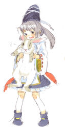 Rule 34 | 1girl, animal, ankle boots, black eyes, boots, d:, dot nose, frills, fringe trim, gogo/tad, hands up, hat, hatching (texture), holding, holding animal, holding rabbit, japanese clothes, kariginu, legs apart, linear hatching, long hair, long sleeves, looking at animal, looking down, mononobe no futo, open mouth, petticoat, pigeon-toed, pleated skirt, ponytail, purple footwear, purple hat, rabbit, ribbon-trimmed sleeves, ribbon trim, silver hair, simple background, sketch, skirt, solo, sound effects, tate eboshi, touhou, v-shaped eyebrows, white background, wide sleeves