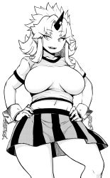 Rule 34 | 1girl, alternate hair length, alternate hairstyle, breasts, chain, collarbone, commentary request, cuffs, eyelashes, fangs, fingernails, greyscale, hands on own hips, highres, himajin noizu, horns, hoshiguma yuugi, large breasts, looking at viewer, medium hair, midriff, miniskirt, monochrome, navel, oni, oni horns, open mouth, parted bangs, pointy ears, ponytail, shackles, sharp fingernails, shirt, short sleeves, sidelocks, simple background, single horn, skirt, solo, standing, stomach, touhou, white background