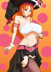 Rule 34 | 1girl, 47 hard, armlet, bandana, bare shoulders, belt, black choker, black skirt, breasts, choker, fishnet thighhighs, fishnets, garter straps, gloves, hat, highres, holding, holding sword, holding weapon, large breasts, long hair, looking at another, midriff, nami (one piece), navel, one piece, one piece film: red, orange eyes, orange hair, pink belt, pirate, pirate hat, skirt, solo, sword, thighhighs, underboob, weapon, white gloves