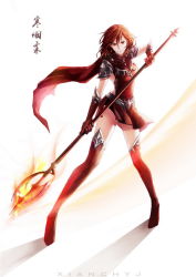 Rule 34 | 1girl, armor, artist name, character name, fire, full body, gloves, holding, holding weapon, pauldrons, polearm, quan zhi gao shou, red eyes, red hair, scarf, short hair, shoulder armor, skirt, soft mist, solo, spear, thighhighs, weapon, white background, xianchyj