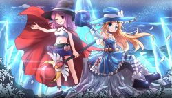Rule 34 | &gt; o, 10s, 2girls, ;), blonde hair, blue eyes, cape, copyright request, hat, highres, holding, long hair, looking at viewer, merc storia, multiple girls, navel, one eye closed, original, purple hair, red eyes, risutaru, sitting, smile, staff, wink, witch hat