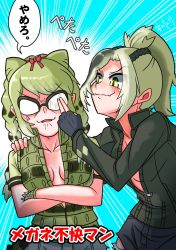 Rule 34 | 2girls, blush, bow, braid, breasts, bullying, denim, fang, fingerless gloves, fingerprint, glasses, gloves, green eyes, green hair, green jacket, hair ornament, hand on another&#039;s shoulder, highres, jacket, jeans, kemono friends, kemono friends 3, long hair, monohenke, multicolored hair, multiple girls, no bra, open clothes, open jacket, open mouth, pants, ponytail, saltwater crocodile (kemono friends), semi-rimless eyewear, simple background, skin fang, smile, spectacled caiman (kemono friends), speech bubble, tail, torn clothes, torn jeans, torn pants, twin braids, zipper pull tab